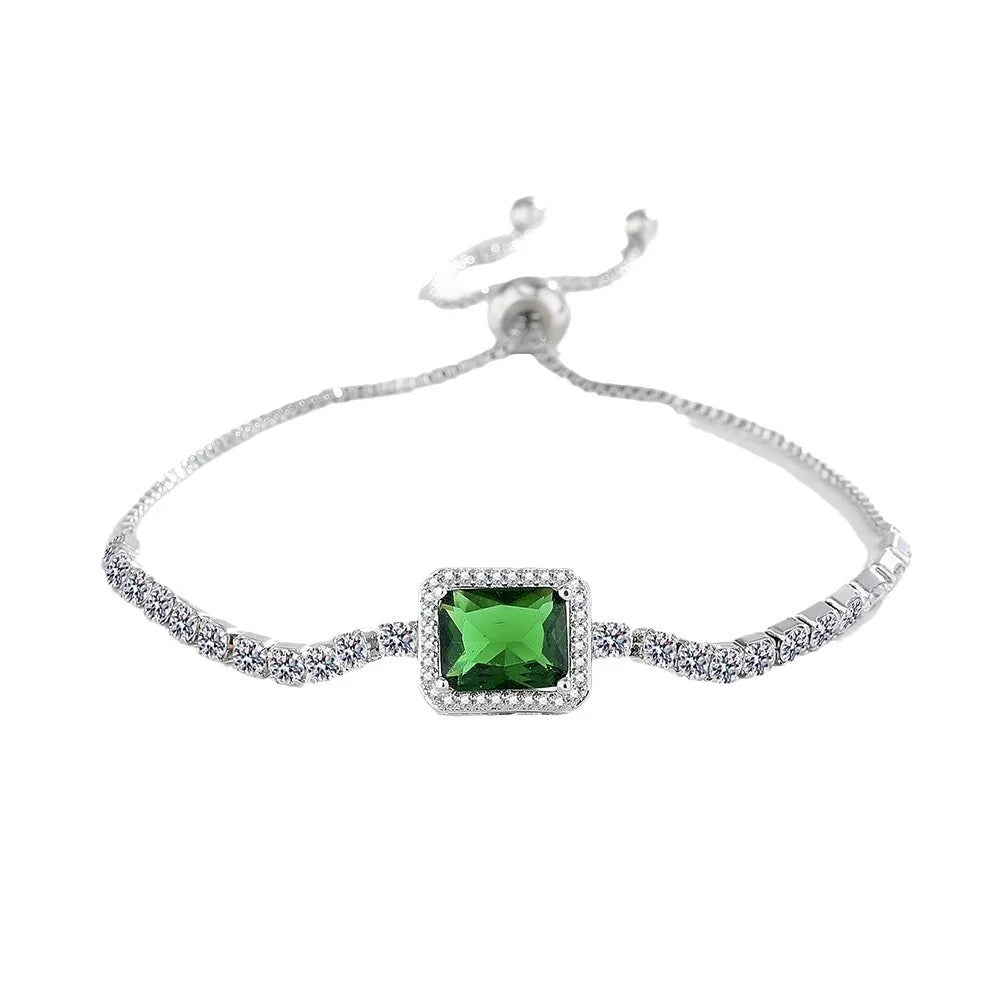 925 Sterling Silver Bracelet, Square Imperial Green Zircon Adjustable Size, Luxury Elegant Jewelry Bracelet For Men And Women