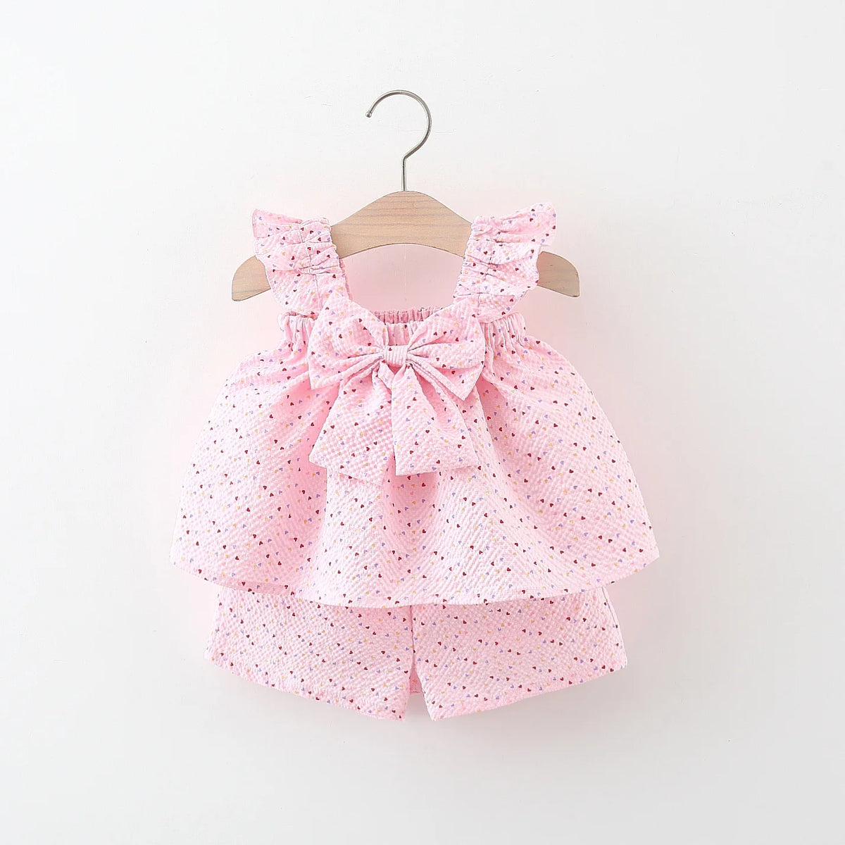 2pc/Set Baby SetS Summer Cotton Bow Top And Shorts Baby Clothing Adorable All-Over Heart Print Girl's Beach Set