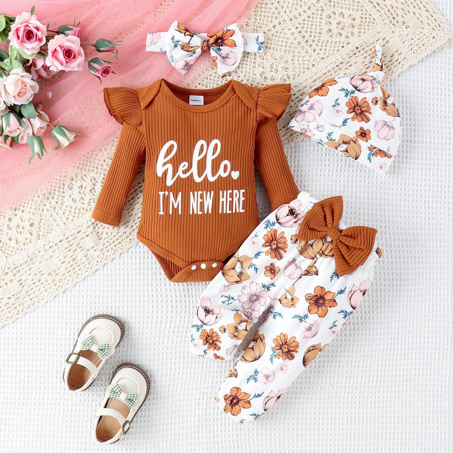 4PCS Autumn New Style Baby From 0 To 6 Months Casual Fashion, Multi-Color Pit Strip Letter Printed Hat Suit + Headscarf Hat