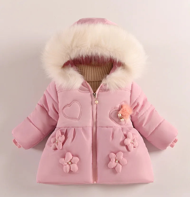 1-5 Years Flowers Autumn Winter Girls Jacket Fur Collar Keep Warm Little Princess Coat Hooded Zipper Baby Outerwear Kids Clothes