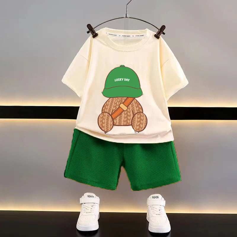 Summer Toddler Baby Clothes Children Boys Cotton Bear Short Sleeve T-Shirt+Shorts 2pcs Set Kids Fashion Sports Costume 1-6 Years