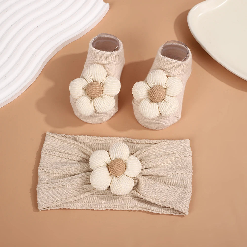 2Pcs Set Baby Floral Headbands and Socks Knitted Flower Elastic Hairbands Cute Newborn Girls Photo Props Baby Hair Accessories