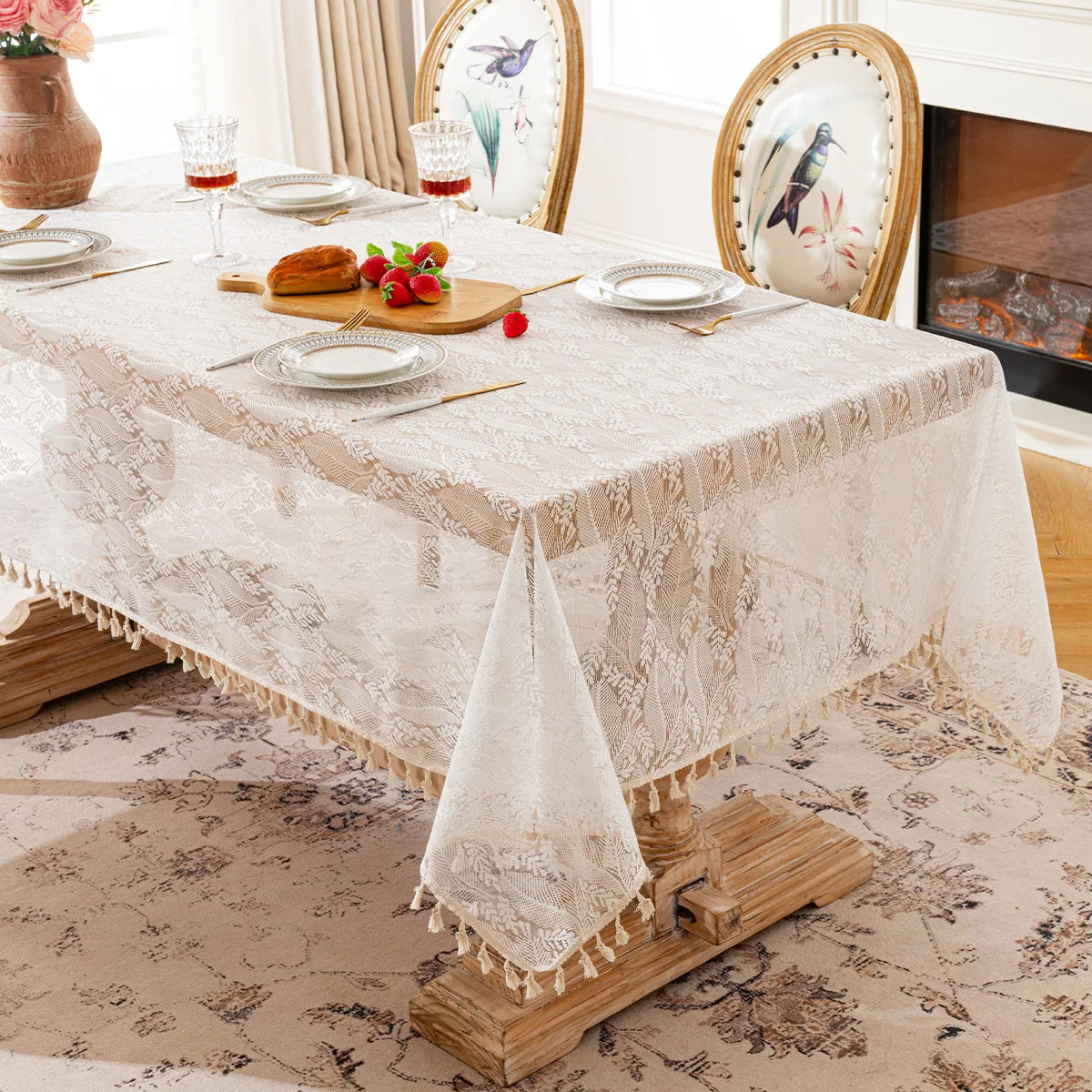 French Rose Lace Tablecloth, Rectangular Dining Tablecloth, Home Coffee Table Wedding Decoration Cover,