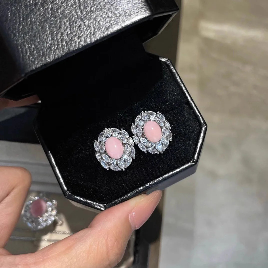 Exquisite luxury Design Jewelry Sets with Pink Quartz Zircon Pendant Necklaces Earrings Silver Color Rings Wedding 3 Piece Set