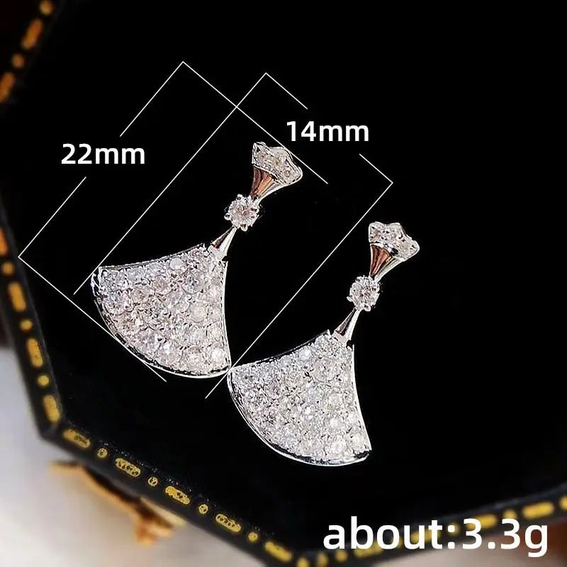 925 Sterling Silver Fan-Shaped Skirt Stud Earrings for Women Cubic Zirconia Luxury Geometric Fashion High Quality Jewelry