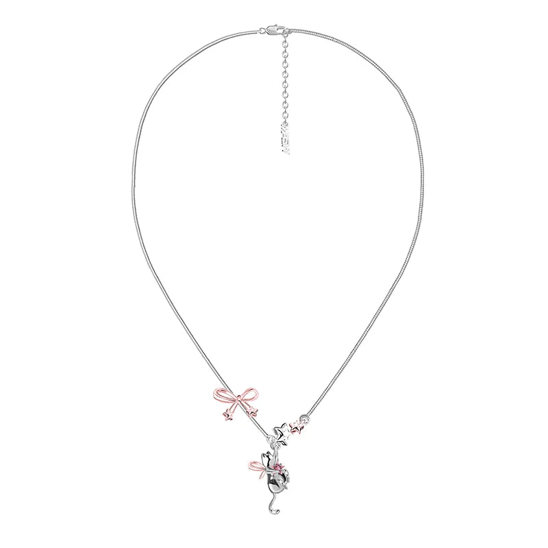 MASW Original Design Luxury Temperament Pink Bowknot Cats Pendant Necklace For Women Party Gifts Fashion Jewelry Accessories