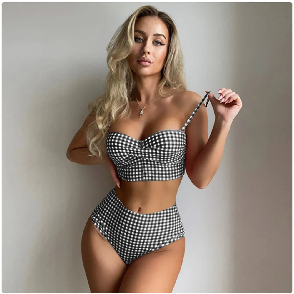 2025 New Sexy Two-piece Bikini Set Women Plaid Swimsuit Sling Backless Swimwear Tight Gathered Beachwear Brazilian Bathing Suit