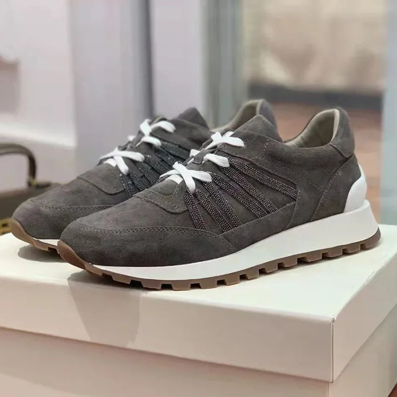 New Casual Shoes Women Suede Patchwork Round Toe Lace Up Genuine Leather Comfy Outdoor Walking Shoes Woman Sneakers Female