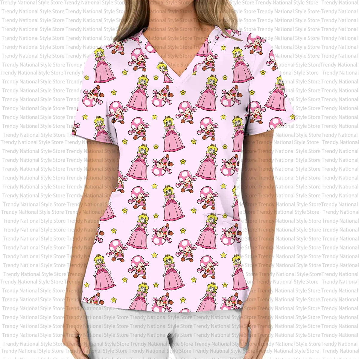 Women's Nursing Hair T-shirt, Nurse Uniform, Professional Medical Cartoon Print, Women's Nursing Wear, Work Veterinarian Top
