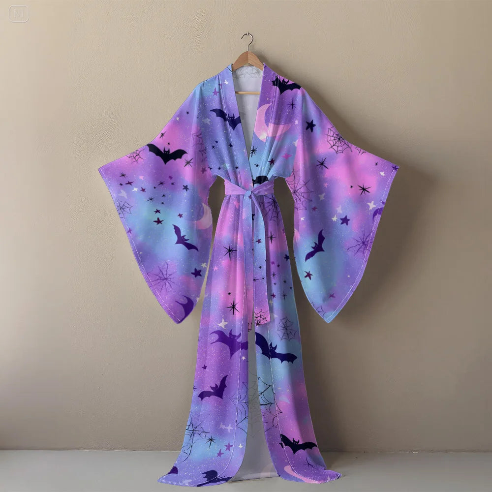 Halloween Sexy V-Neck Robe with Ghost Print High Slit & Bat Sleeves Kimono - Women's Party Costume Funny Cool Cosplay Wear