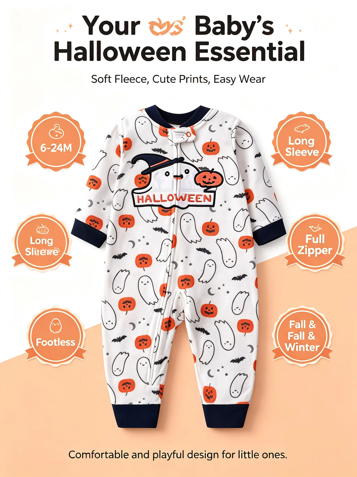 Halloween Baby Romper Polar Fleece Long Sleeve Full Zipper Infant Jumpsuit Ghost Pumpkin Print Footless Toddler Clothes 6-24M