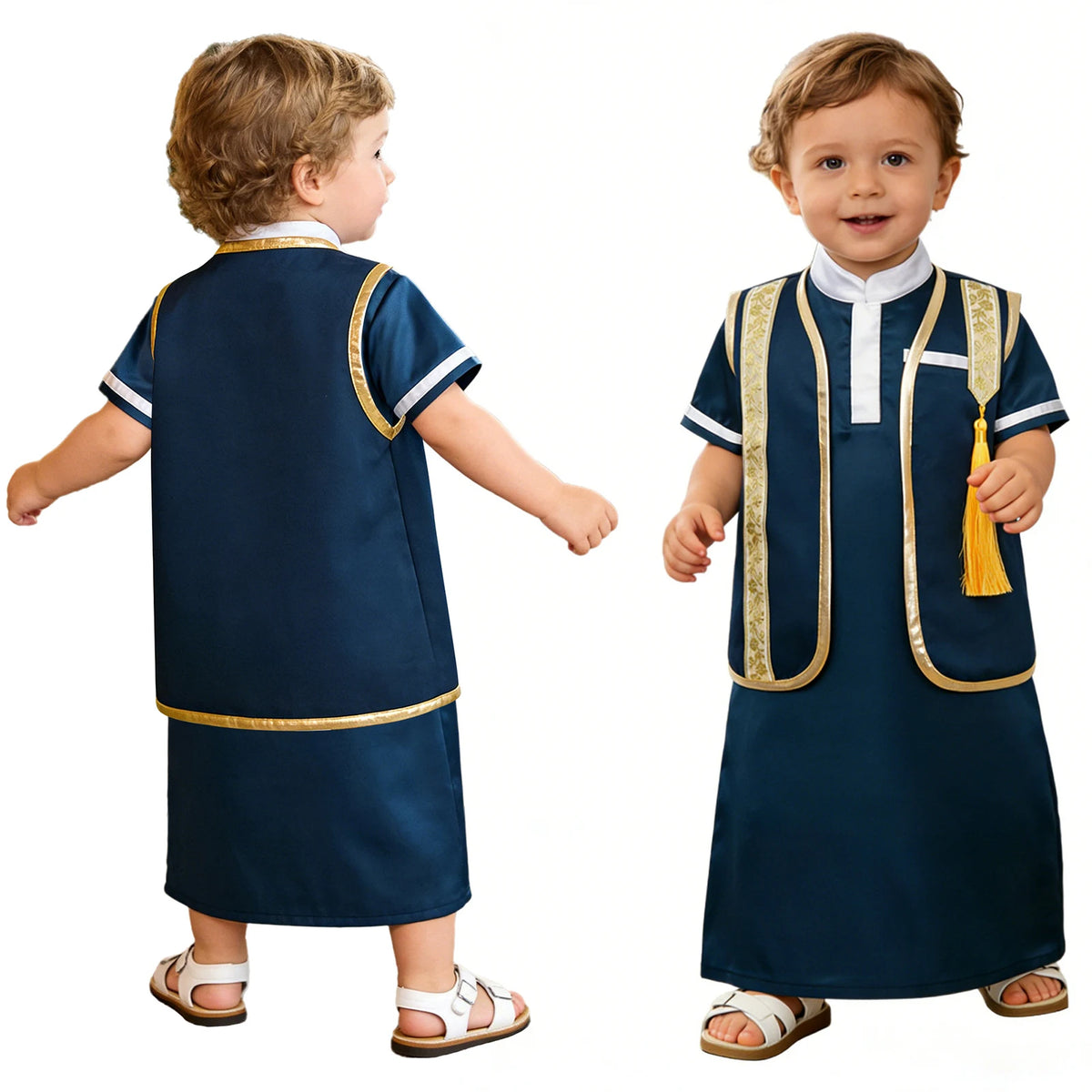 Muslim Baby Boys Robe Ramadan Eid Abaya Set Metallic Trim Arabic Islamic Kaftan Thobe Satin Gown with Open Front Tassel Vest