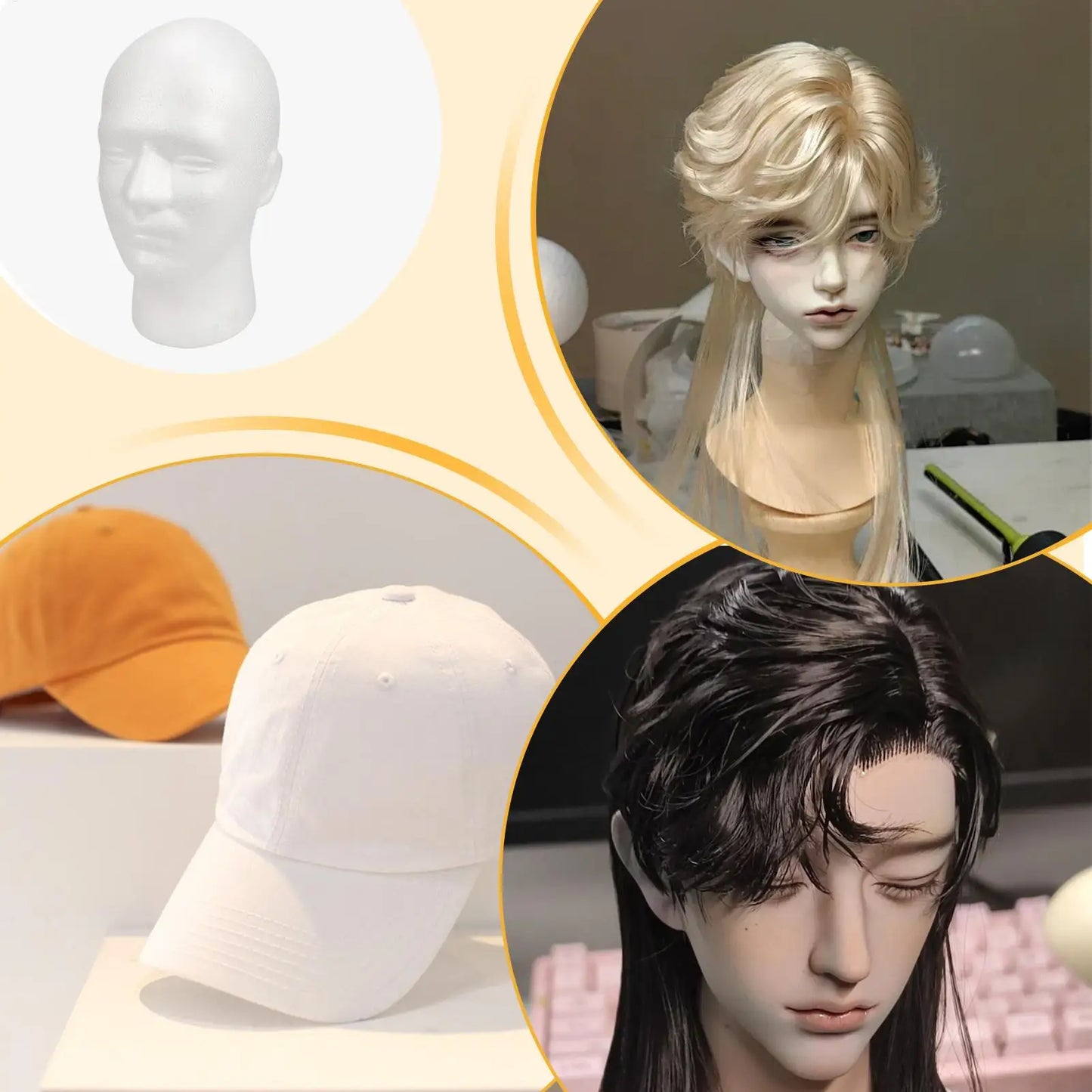 Male Mannequin Head Round Base Lightweight Foam Wigs Head Model and Display Hair, Hats and Hairpieces for Glasses Headset Wigs