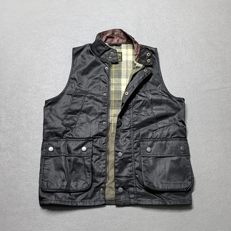 2026 Autumn Winter New American Retro Sleeveless Cargo Vest with Oil Wax Men's Multi-pockets Casual Heavyweight Waterproof Coat