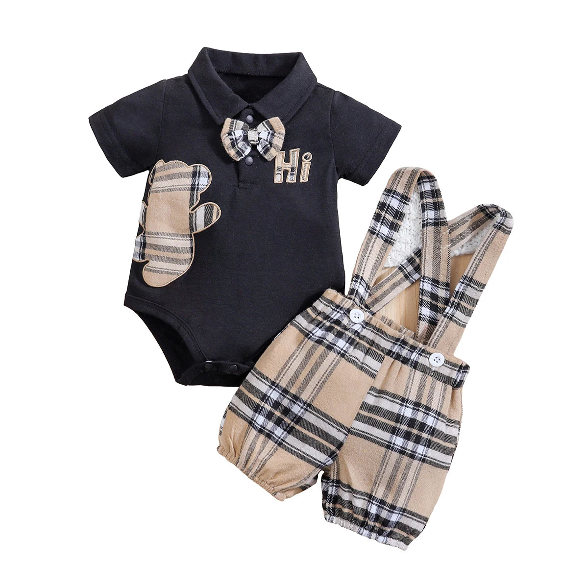 2PCS IURNXB Baby Clothes Sets Short Sleeve Boys Infant Plaid Bear Bodysuit+Suspenders Trousers Set Overall Newborn Outfits 1-18M