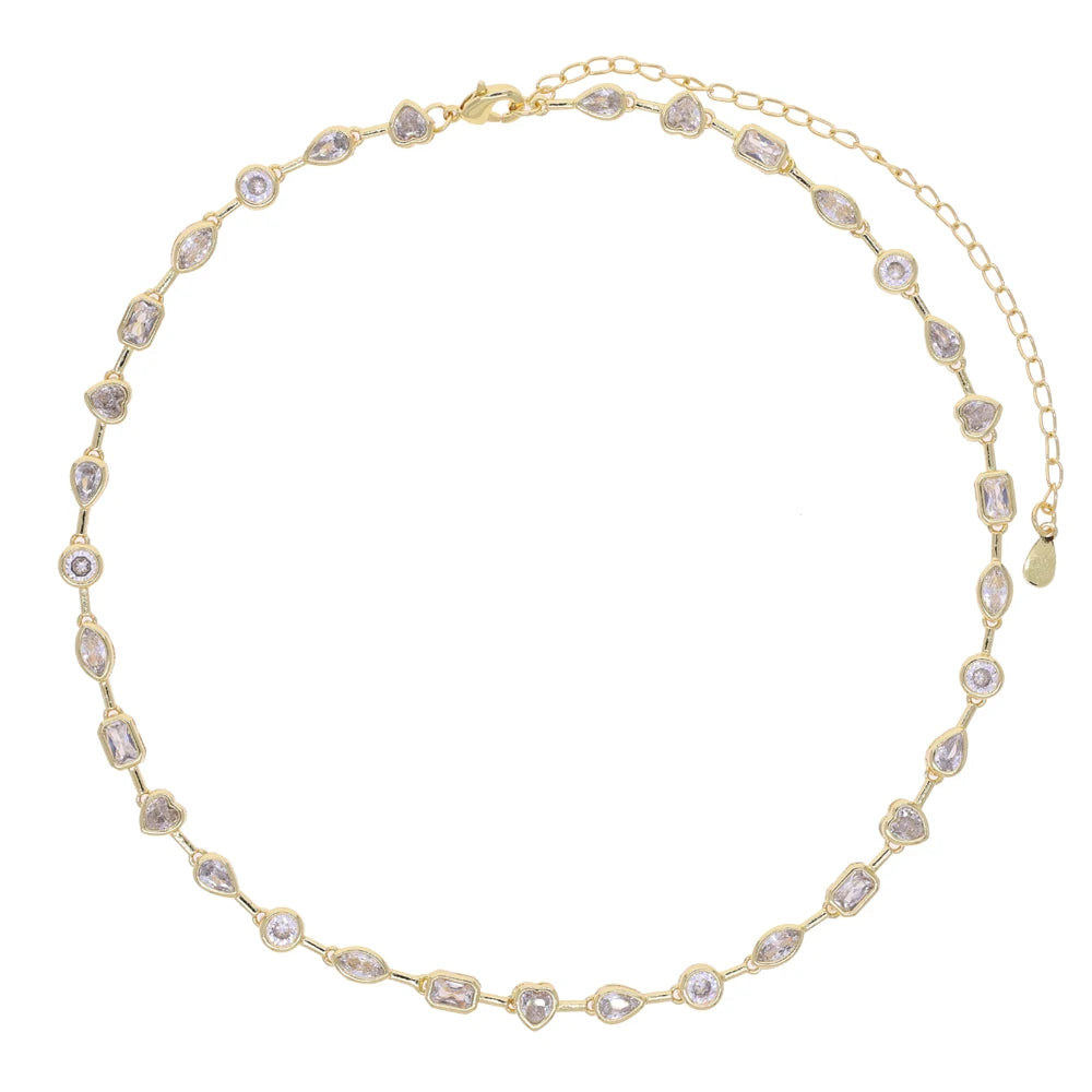2025 New Trendy Women Jewelry Gold Color Geometric Various Shaped Bezel 5A Sparking CZ Tennis Chain Bracelet Necklace Set