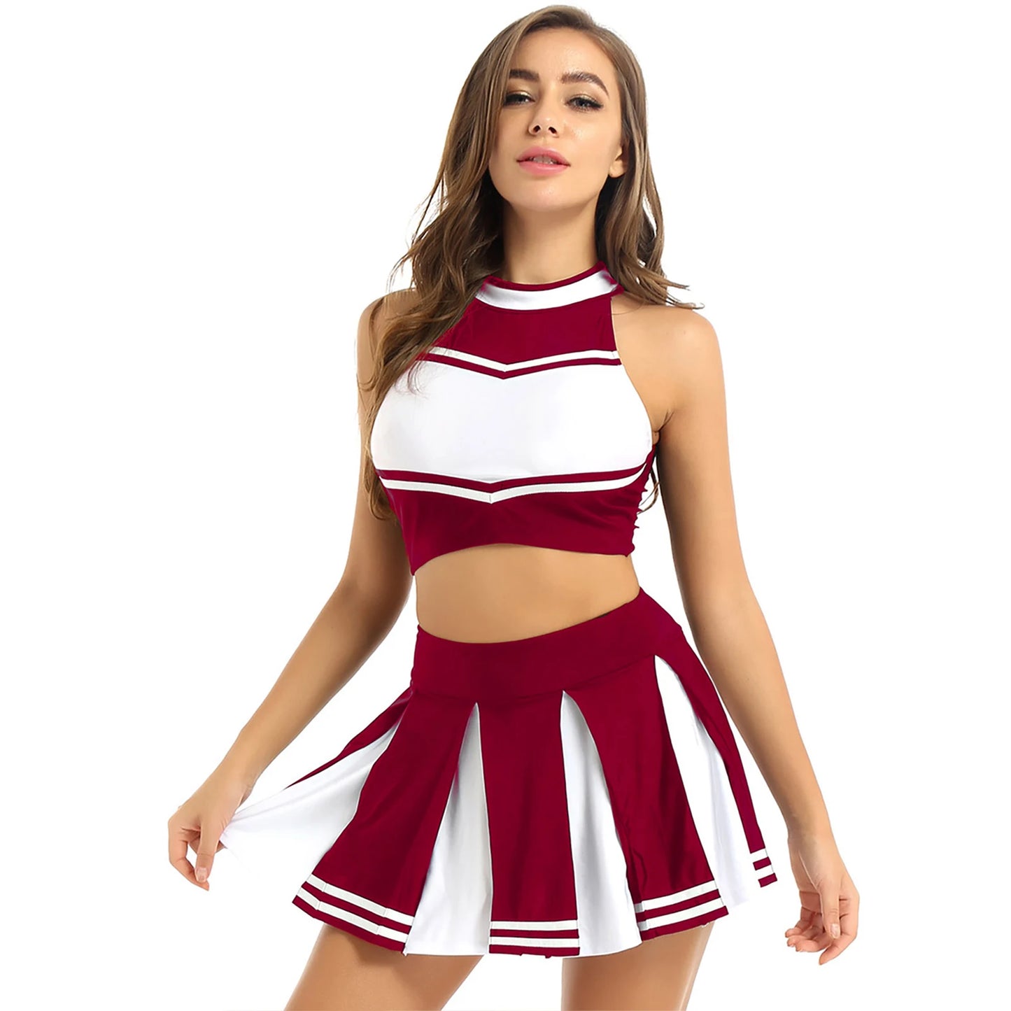 Women Cheerleading Cheerleader Costume Uniform School Girls Carnival Cosplay Outfits Stand Collar Crop Top with Mini Skirt
