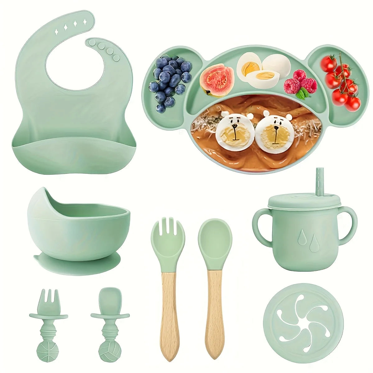 9-piece silicone feeding tableware set for babies and mothers, specially designed for babies to learn to eat