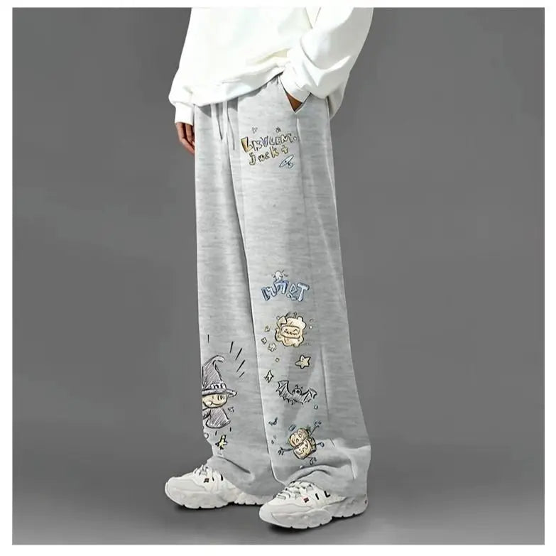 American Retro Graffiti Print Casual Pants for Men, Spring and Autumn Trendy Brand Loose Plus-size Straight Wide-leg Long Pants