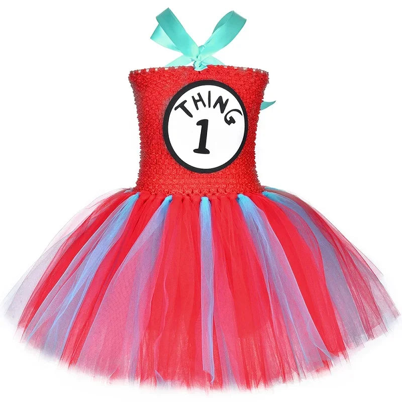 Halloween Thing 1 and Thing 2 Costumes Kids Blue Red Dr Seuss Tutu Dress Up Clothes Toddler Girls Birthday Party Princess Dress