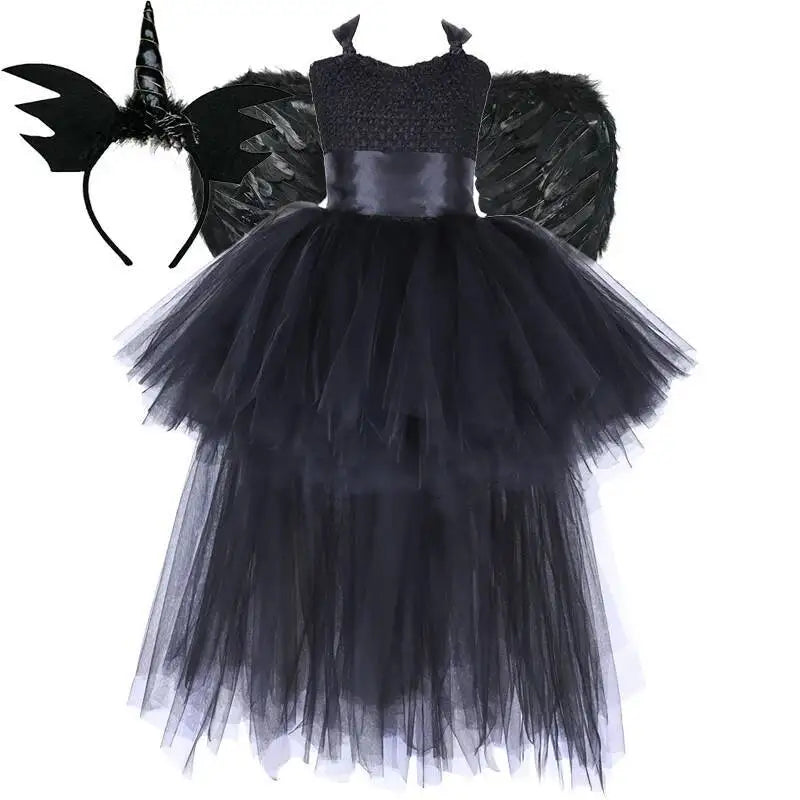 Dark Witch Halloween Costumes for Girls Black Devil Angel Fancy Trailing Dress with Feather Wings Bat Horns Kids High Low Outfit