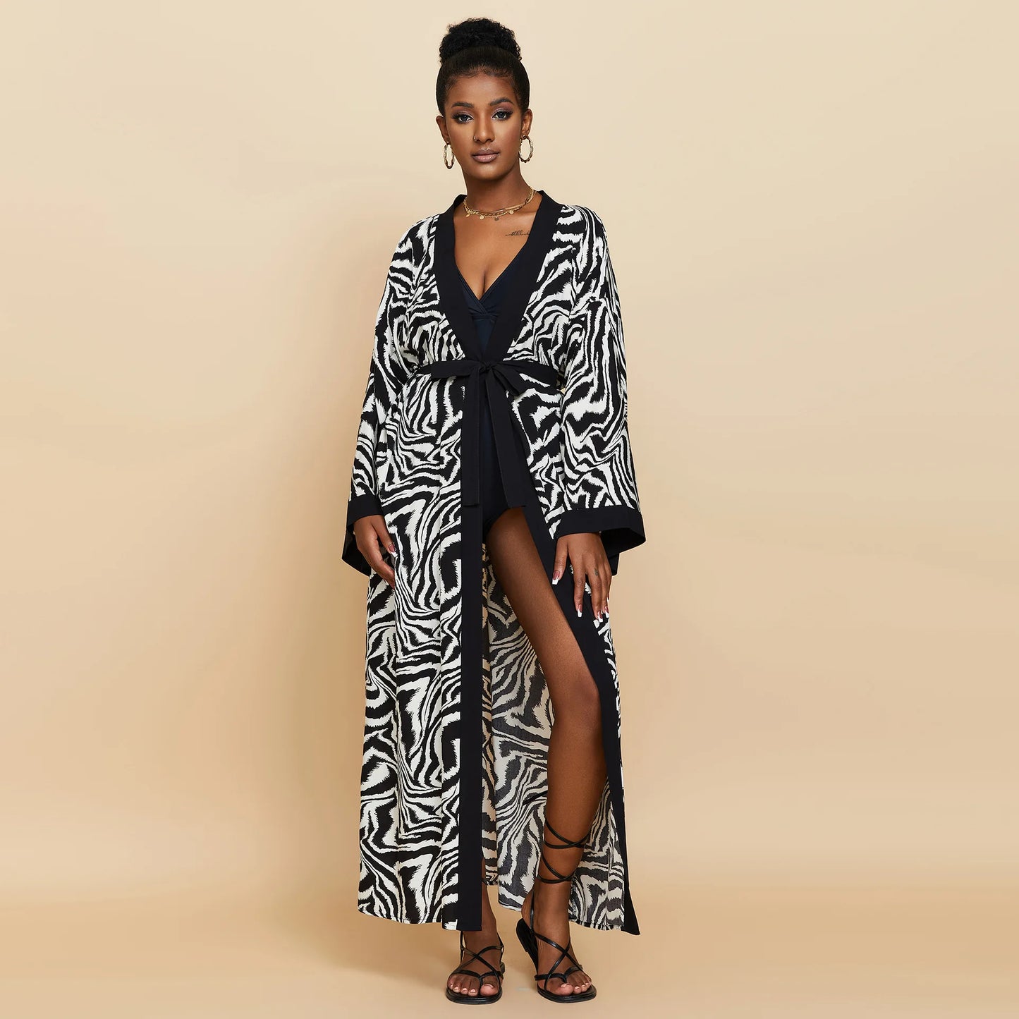 Zebra Beach Cover Ups for Women Long Sleeve Kimono Dress Self Belted Rayon Elegant Pareo 2023 Bathing Suits Holiday Beachwear