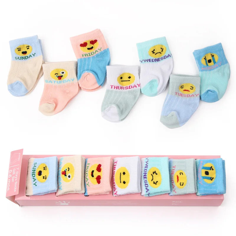 7 Pairs Set for Baby Socks Soft Cotton Cute Animal Smile Face Spring and Autumn for 0-6 Months Toddler Boys and Girls W0040W0052