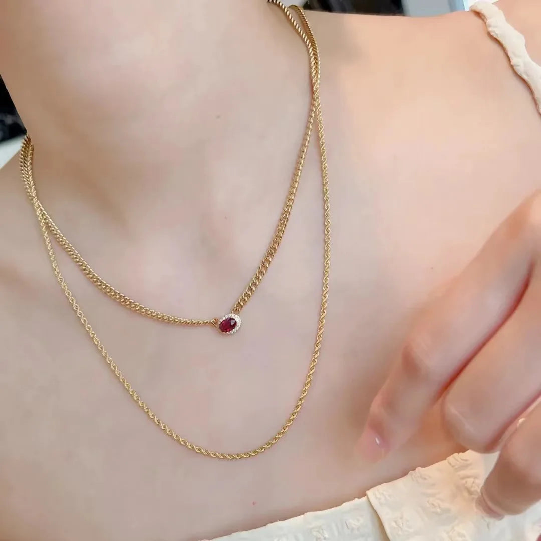 Luxury 14K Gold Plated 4MM Wide Snake Bone Chain Oval Ruby Gemstone Necklace for Women 925 Sterling Silver Fine Jewelry Gift