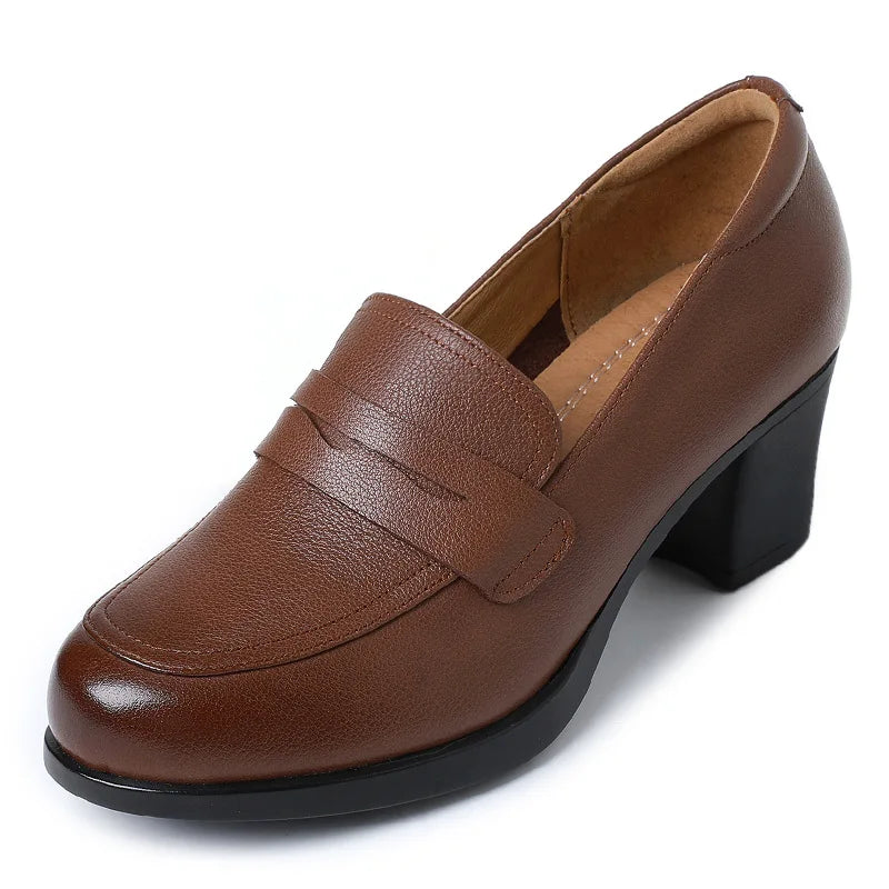 GKTINOO Pumps Women Genuine Cow Leather Round Toe Slip-On Loafers Med Heel Lady Shoes Handmade Women's Work Shoes