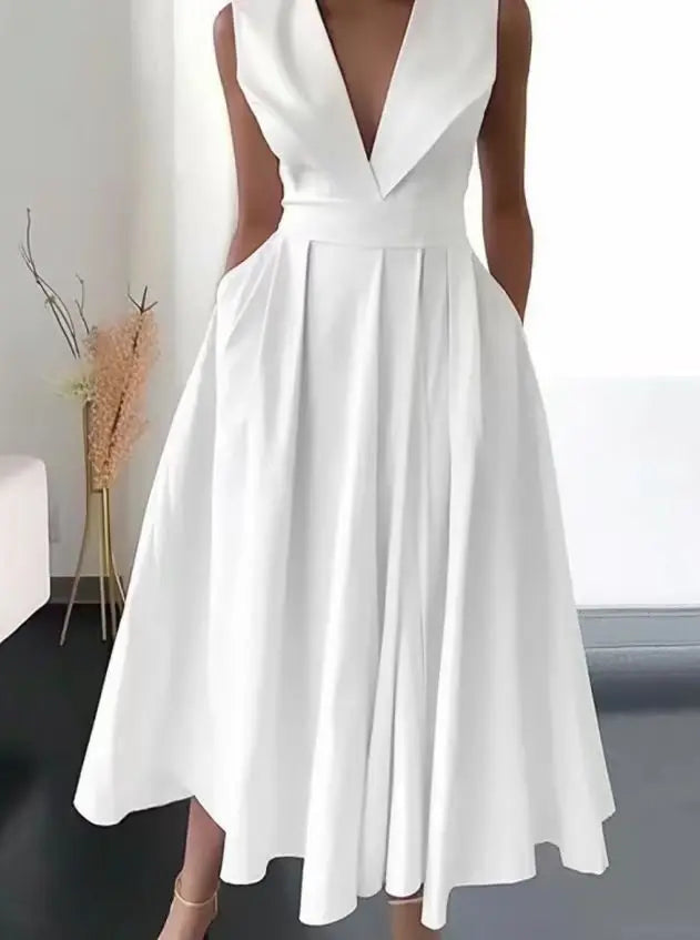 Hot Sale Of The Season New Women's Midi Dress Sleeveless Waist Cinched Large Flounce Pure Color Pocket Insertion Cross-Border...