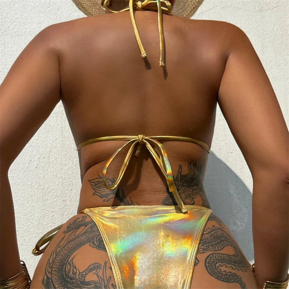 Sexy Shiny Gold Bikini Metallic Punk Backless String Extreme Swimsuit Push Up Vacation Swimwear Women Bathing Tanga Beach Outfit