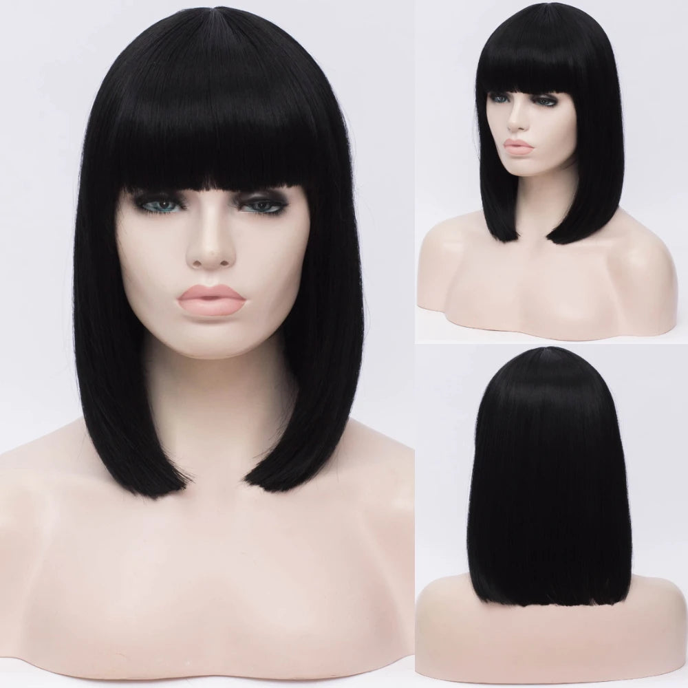 MSIWIGS Women Synthetic Straight Short Bob Wigs With Bangs Blue Golden Red Black White Purple Green Brown Cosplay Wig Female