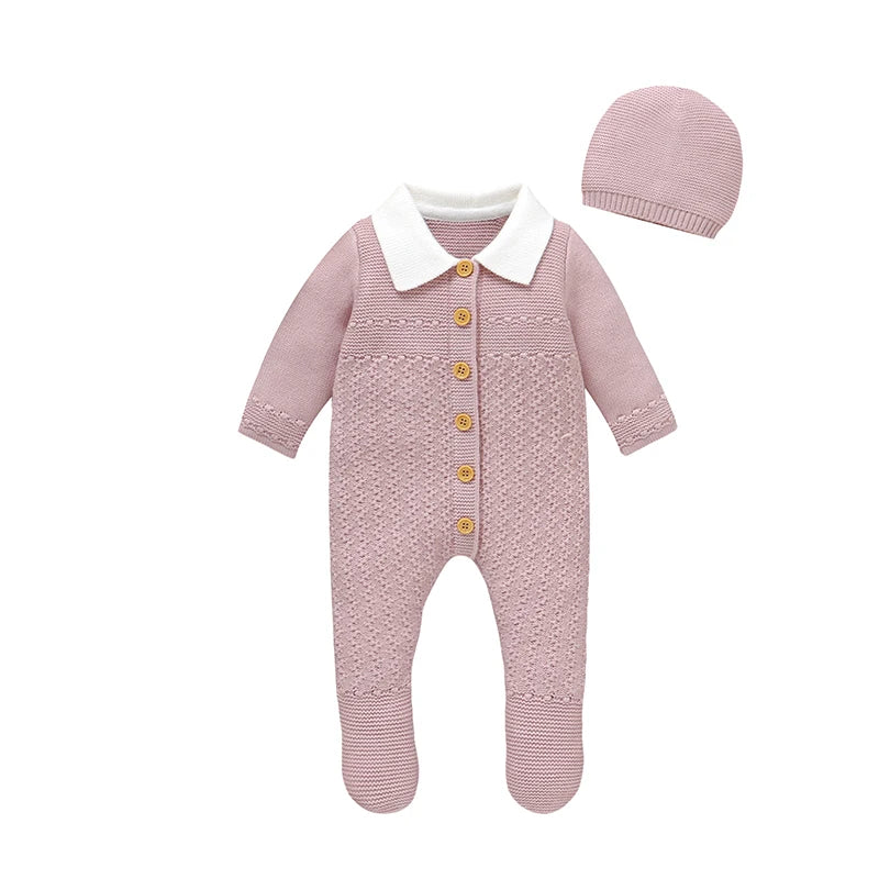 Baby Rompers Set Knit Infant Children Clothes Hat 0-9M Fashion Solid Newborn Girls Jumpsuit Long Sleeve Overalls Pantyhose 2pcs