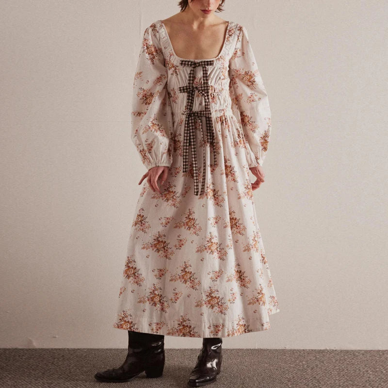 Women's 2024 Summer Boho Square Neck Front Bow Midi Dress Lady Vintage Puff Long Sleeve Plaid Ruffle Backless Maxi Dress