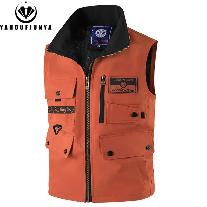 2026 New Summer Men Sleeveless Outdoor Cargo Leisure Lapel Vest Men Pocket Solid Color Fishing Camping Thin Vest Male Waistcoat