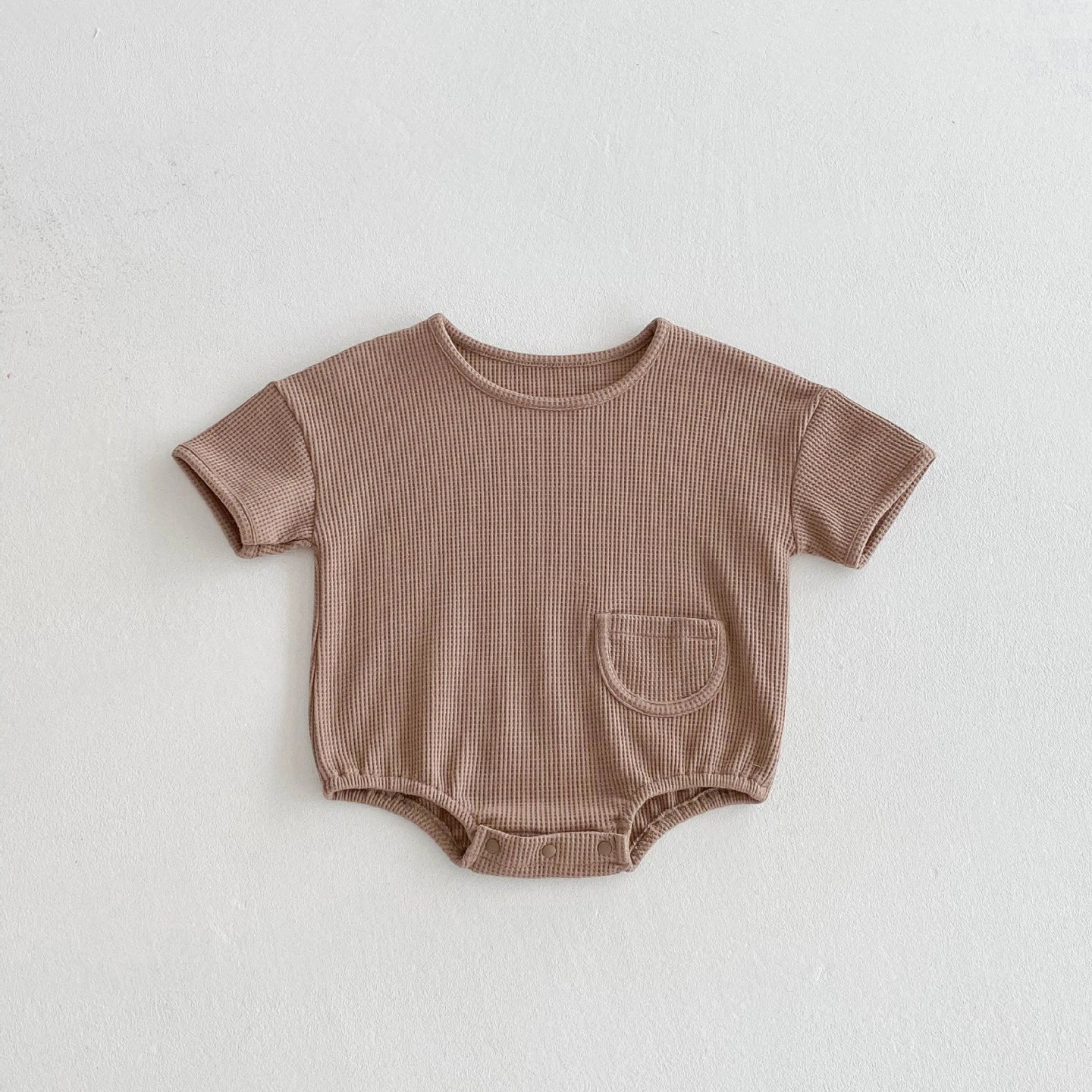 New Korean Style Baby Summer Cotton Simple Comfortable Short - Sleeve Waffle - Knit Onesie with Small Pocket Decoration Romper