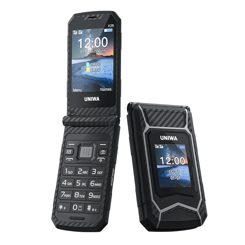 UNIWA X29 GSM Flip Phone 2.8 Inch Double Screen Dual SIM Big Font Big Button For Senior 2000mAh Wireless Radio Russian Keyboard