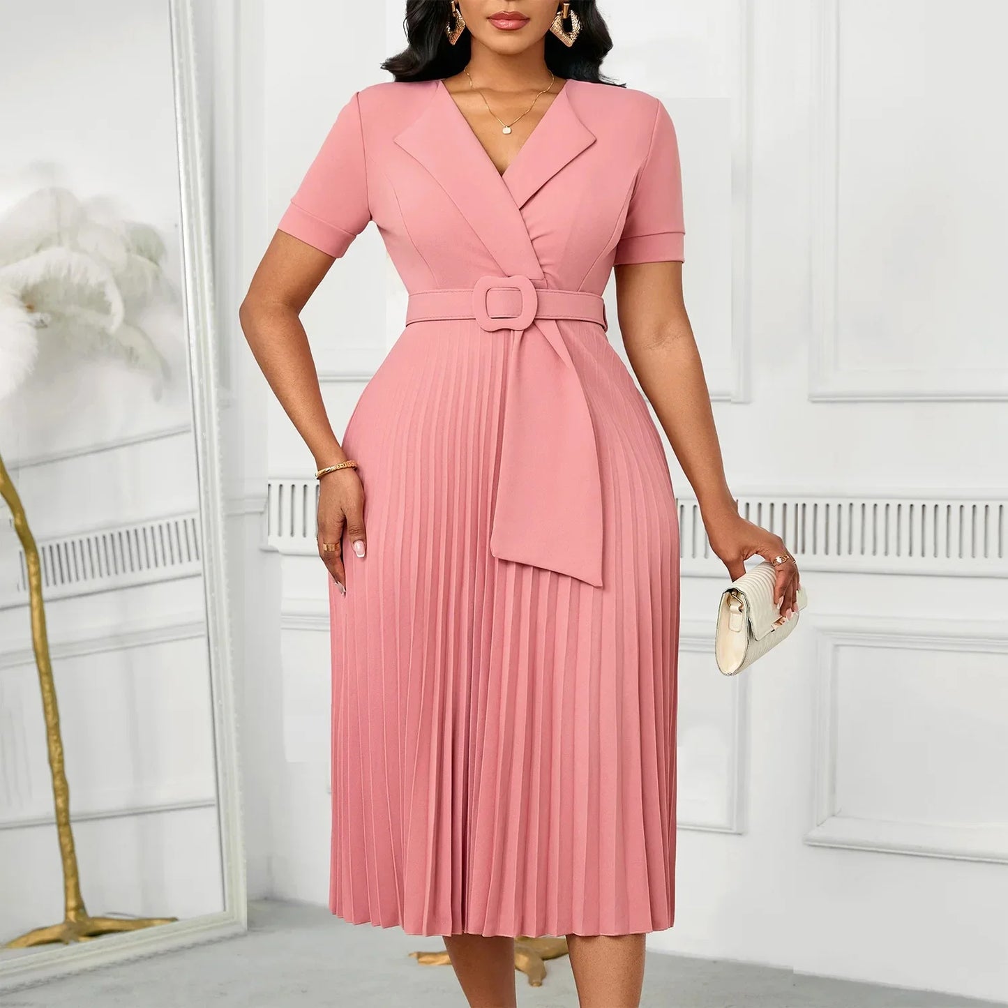 Sexy Short Sleeve V-Neck Elegant African Pleated Dress High Waist Midi Dress Fashionable Atmosphere Casual Elegant Style