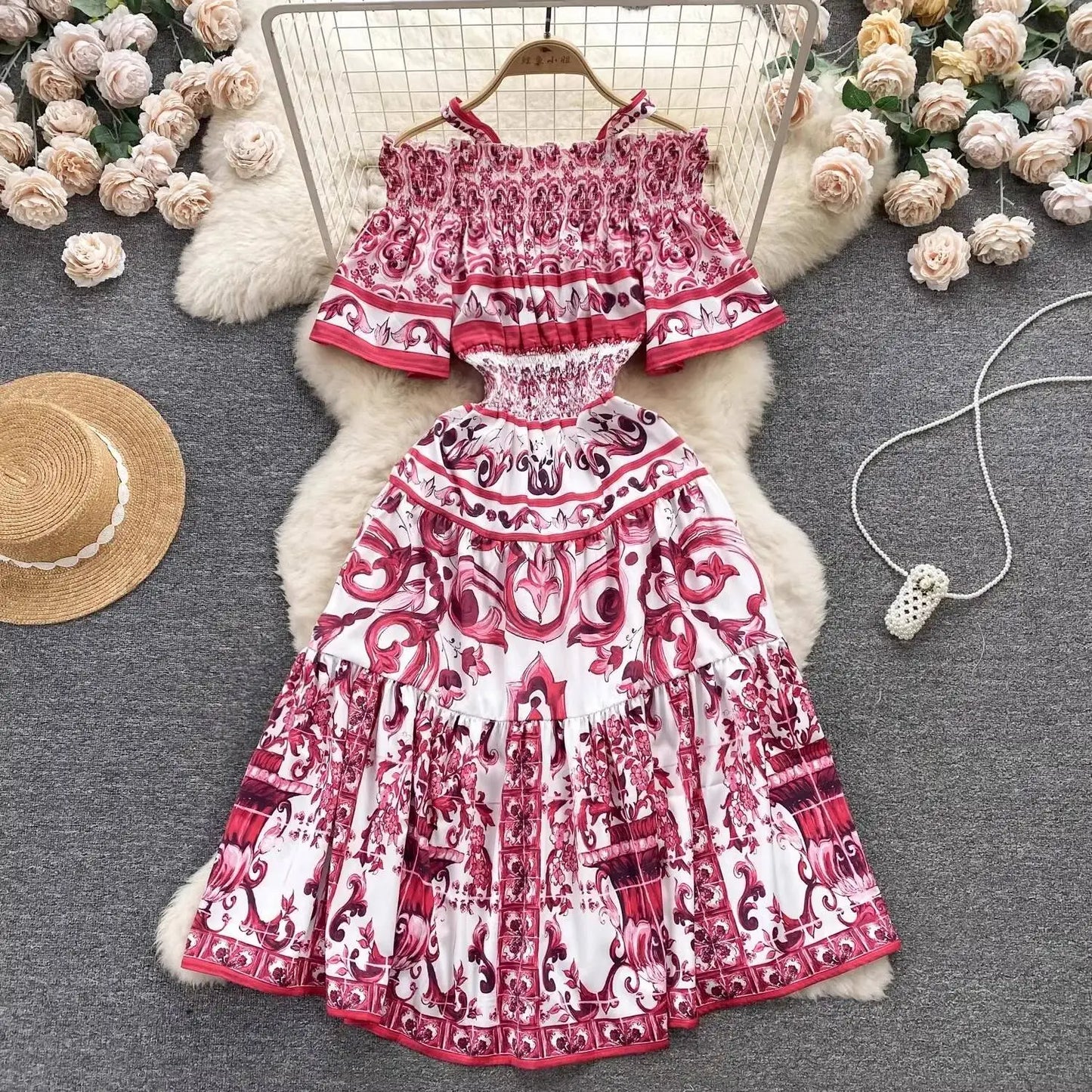 JAMERARY Summer Runway Blue White Porcelain Print Midi Dress Women's Straps Flare Sleeve Elastic Waist Cotton Floral Vestidos