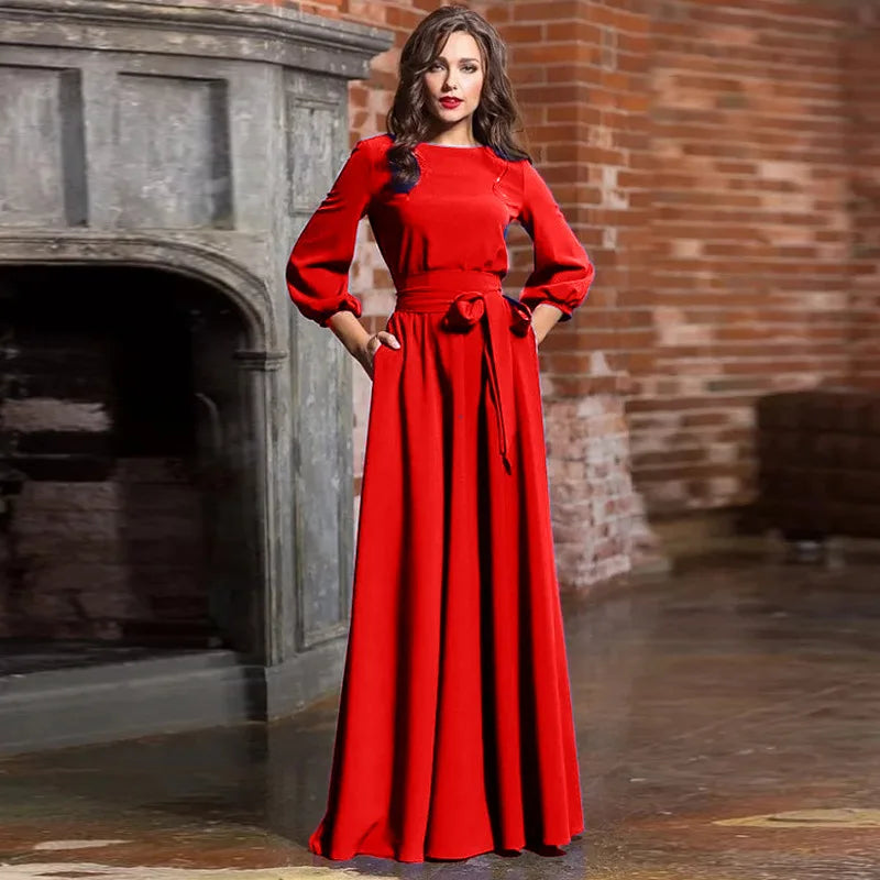 Bohemian Long Summer Dress Casual Lantern Sleeve round Neck Dress Polyester Fiber Mid Waist Print Patchwork Urban Casual Style