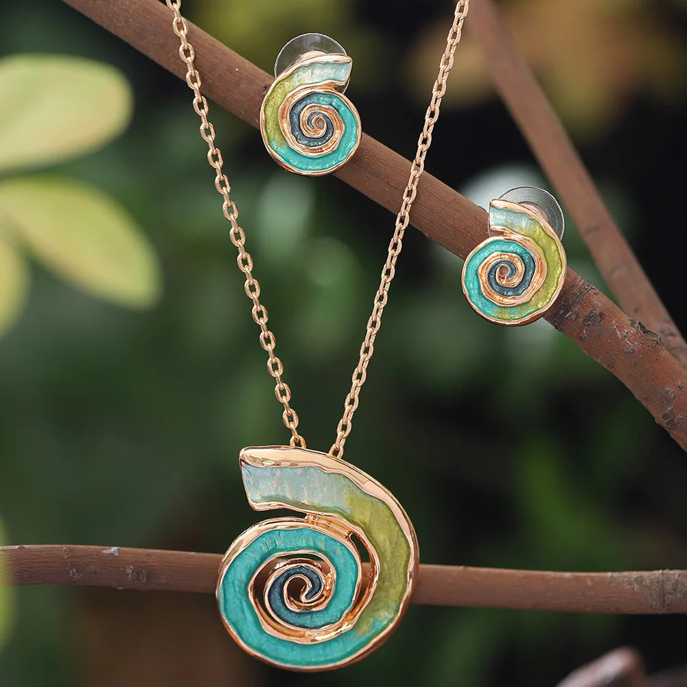 MeiceM Jewelry Set Bohemian Zinc Alloy Geometric Spiral Necklace And Earrings Set Elegant Temperament Jewelry Set For Women