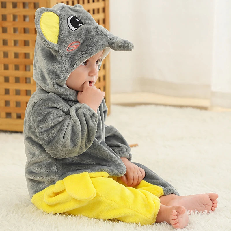 MICHLEY Halloween Elephant Winter Baby Rompers Clothes Costume Flannel Hooded Bodysuits Pajamas Animals Jumpsuit For Boys Bebe