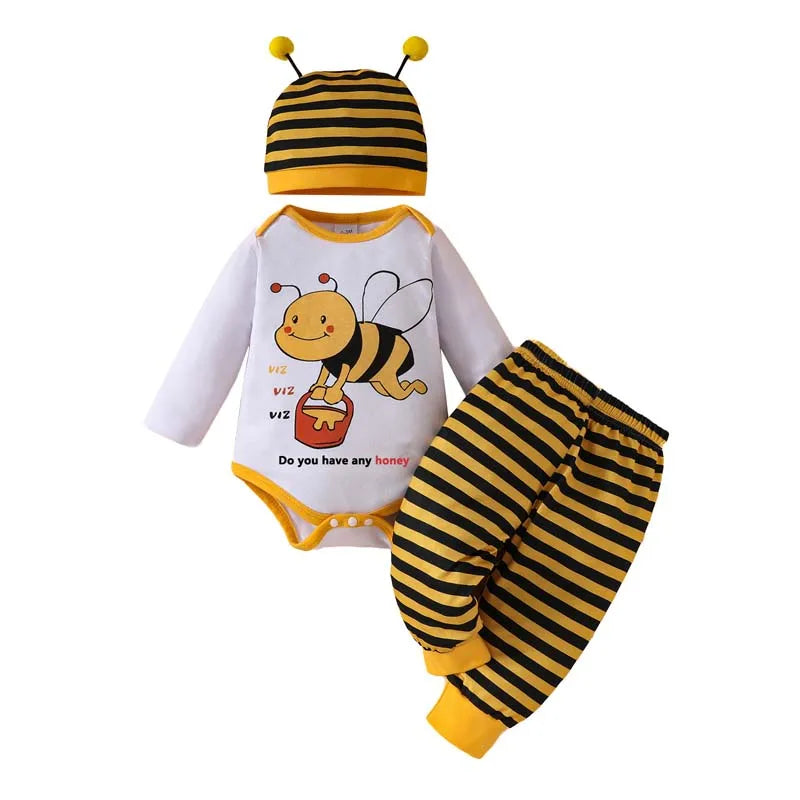 3Pcs Cute Boys Baby Girls Baby Set Long Sleeve Bee Letter Bodysuit Onesies Striped Pants Hat Set Newborn Baby Clothes 0-18Months