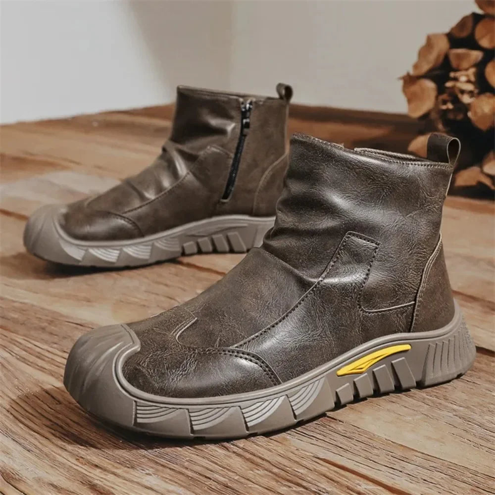 Fipatbu Unisex wool-lined barefoot leather boots with a solid color and a wide-toe design