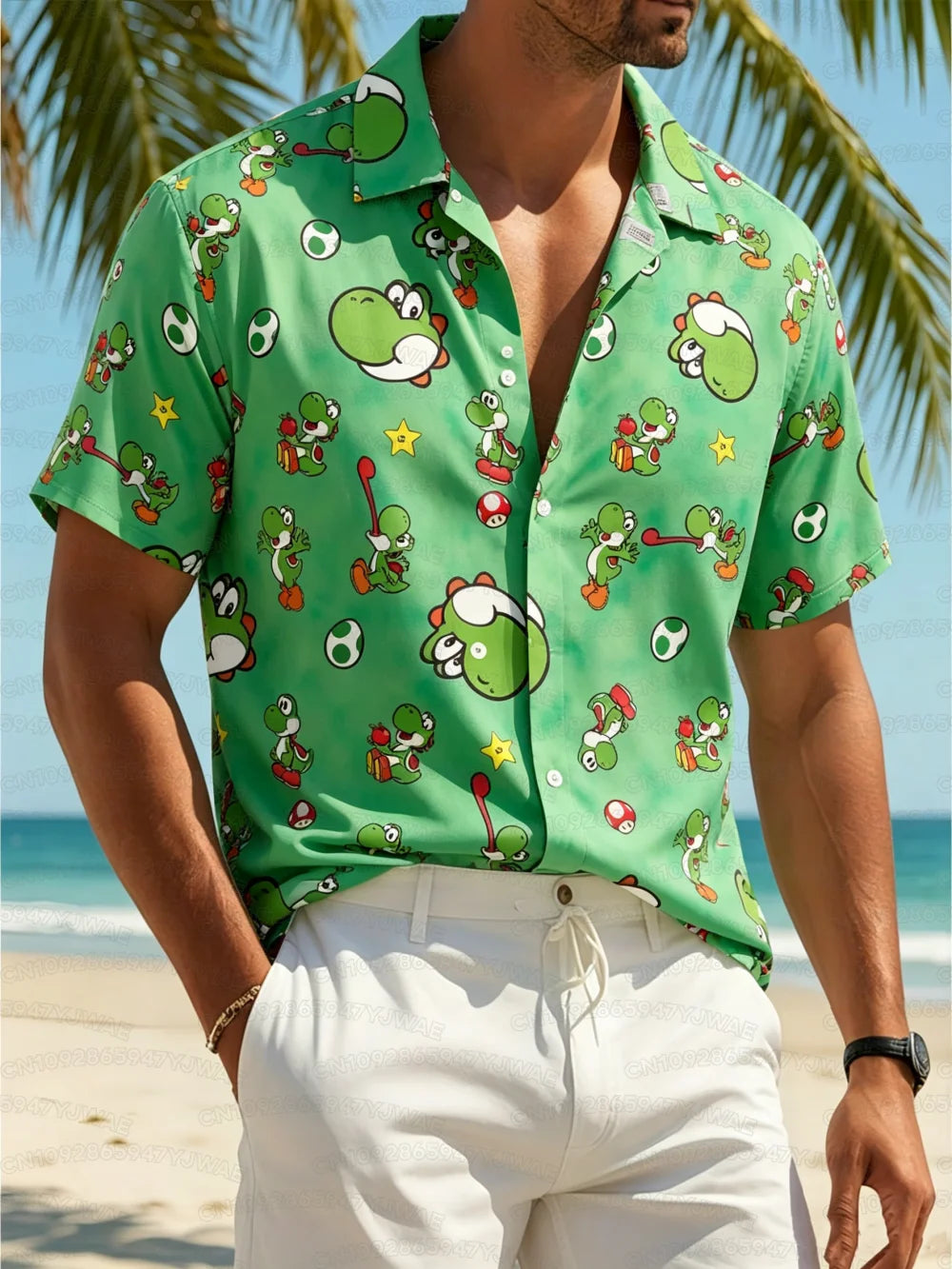 Summer Men's Women's Yoshi Full Body Printed Button Casual Hawaiian Shirt Summer Beach Vacation Short Sleeve Shirt