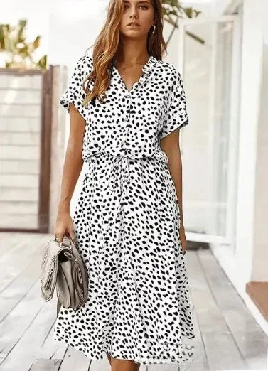 New Fashion Women's Polka Dot Print Short Sleeve Midi Dress Cotton Summer New Arrival Knee-Length Stand Collar Regular Waist