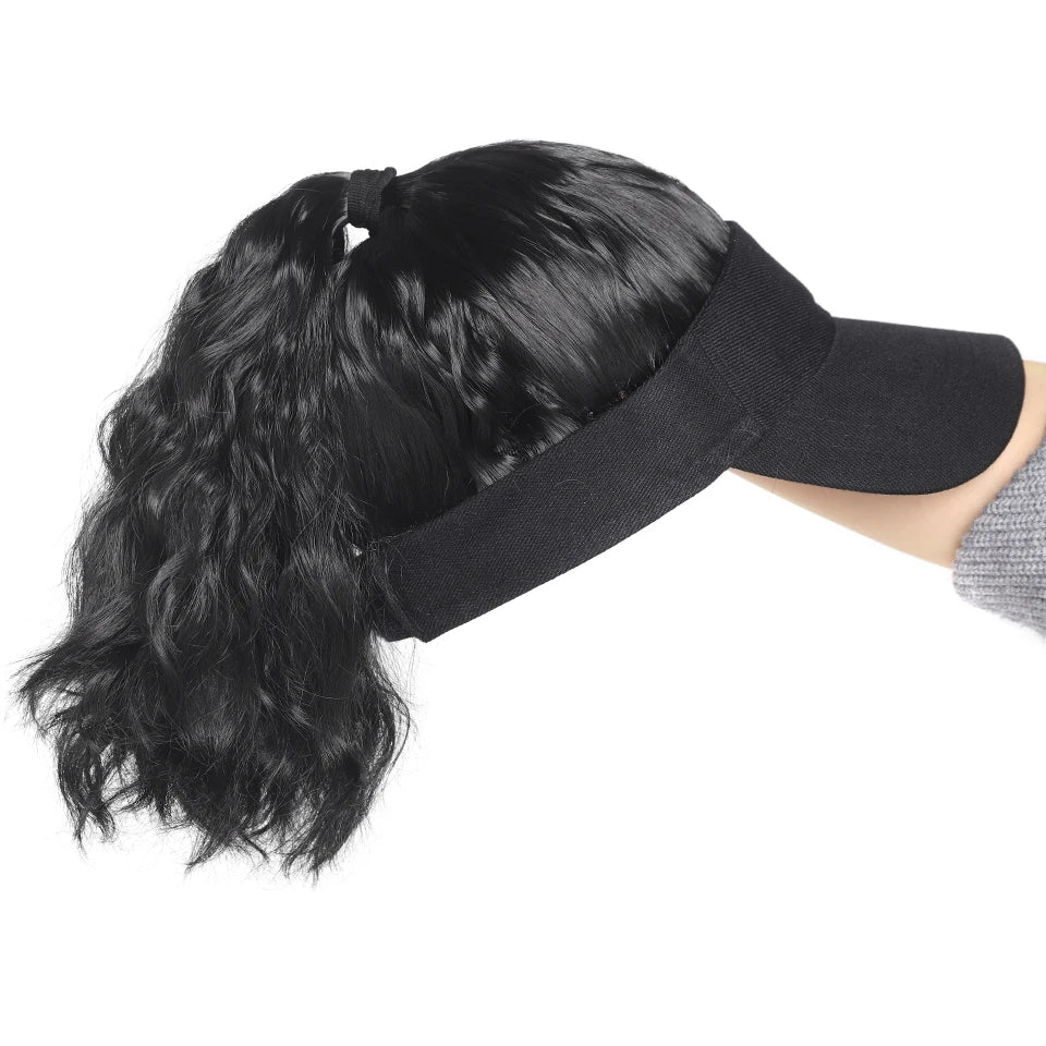 LUPU Synthetic Hair Curly Wave Ponytail Black Brown Baseball Cap Wig Adjustable Sun-Protective Sporty Style for Women Girls