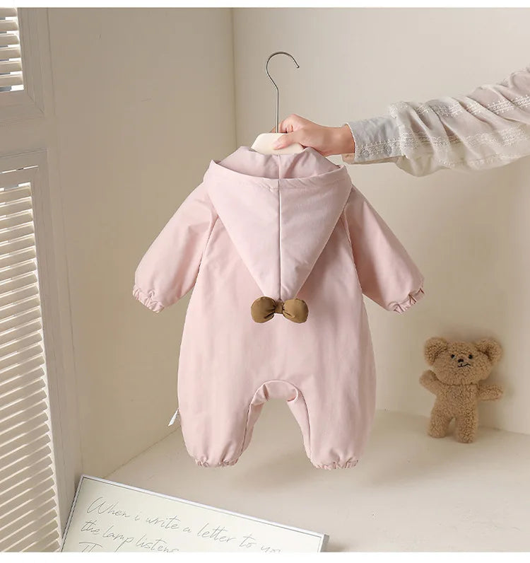 Winter Rompers Baby Girls Clothes Korean Fashion Pink Cute Hooded Bow Warm Thicker Jumpsuit Infant Costume Newborn Items B383