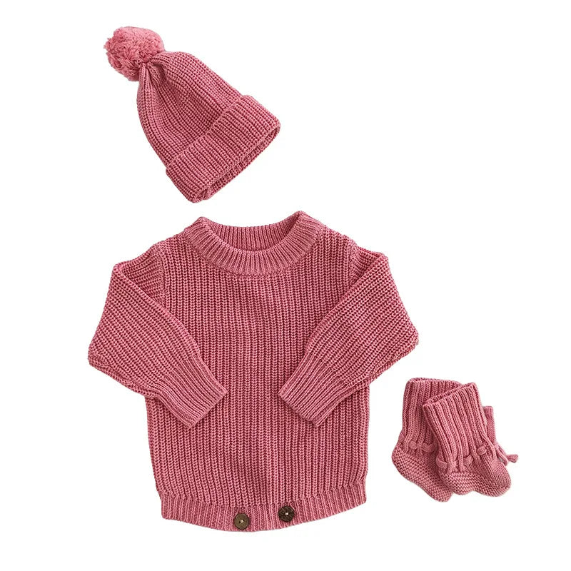 Autumn Baby Knitted Romper Headband Hat Socks Set 3Pcs Solid Color Newborn Outfit Cotton Warm Infant Shower Clothing Gifts