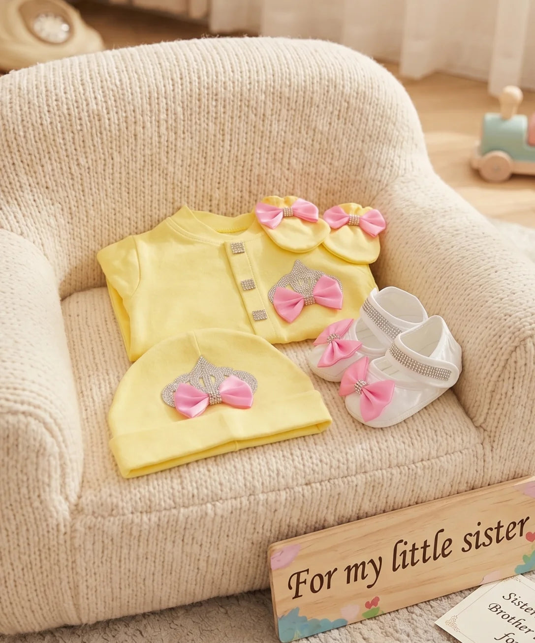 Adorable Newborn Baby Girl Princess Yellow Crown Bow Footed Romper 3Pcs Set Baby Shower Birthday Photo Outfit Gift Box